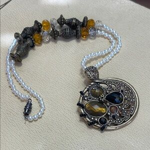 Handcrafted Faux Pearl Gold & Brass Tone Multicolored Faceted Crystal Necklace